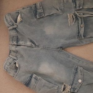 Light Blue Solid Ripped Make Old Patchwork Pocket High Waist Jeans